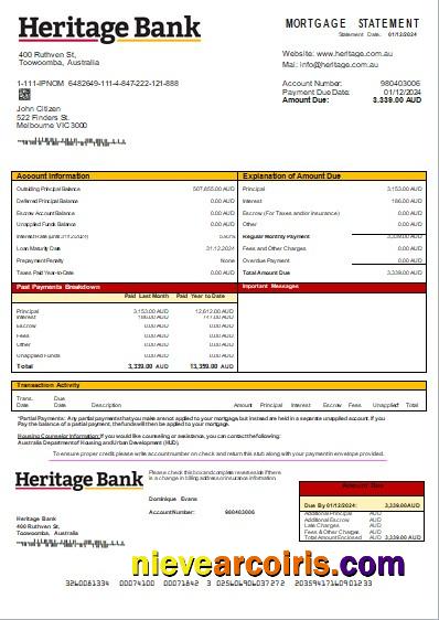 Australia Heritage bank mortgage statemen